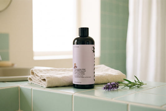 Le shampoing violet OMAD'S dans une scène lifestyle naturelle