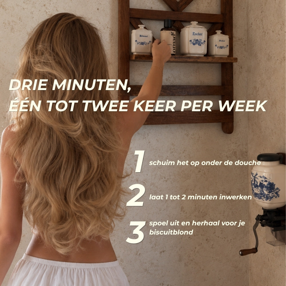 Routine in 3 stappen voor de Blond Biscuit shampoo: opschuimen onder de douche, 1 tot 2 minuten laten inwerken, uitspoelen