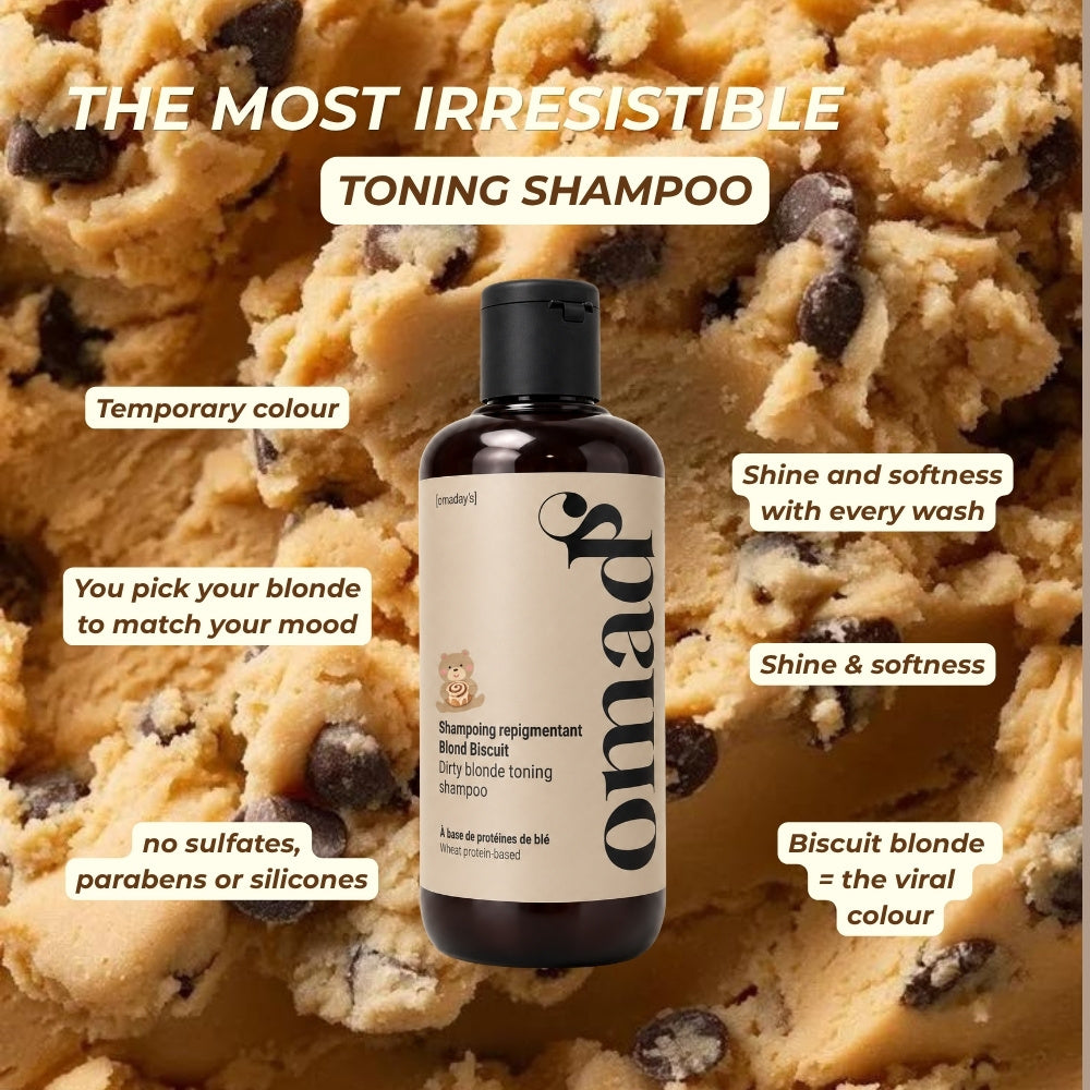 Blond Biscuit toning shampoo on a cookie dough background, temporary colour with no sulfates or parabens