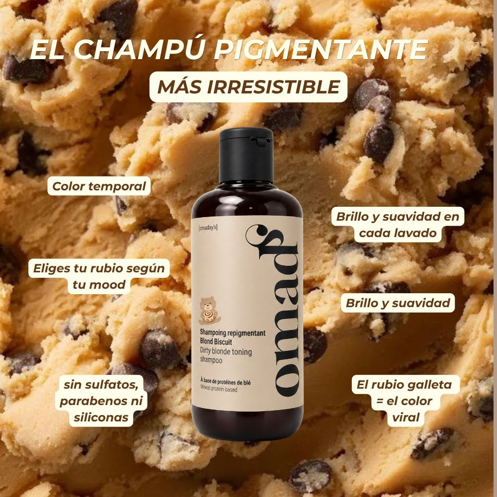 Champú pigmentante Blond Biscuit sobre masa de galleta, color temporal sin sulfatos ni parabenos