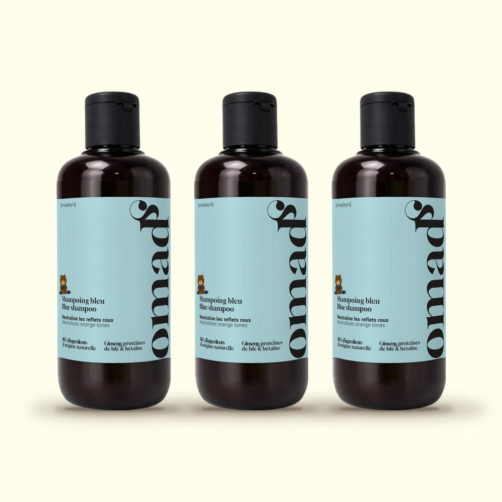 Trois flacons de Shampoing bleu OMAD'S 250 ml
